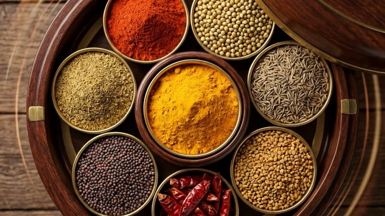 Wooden masala dabba filled with turmeric, chilli, cumin, coriander and cardamom