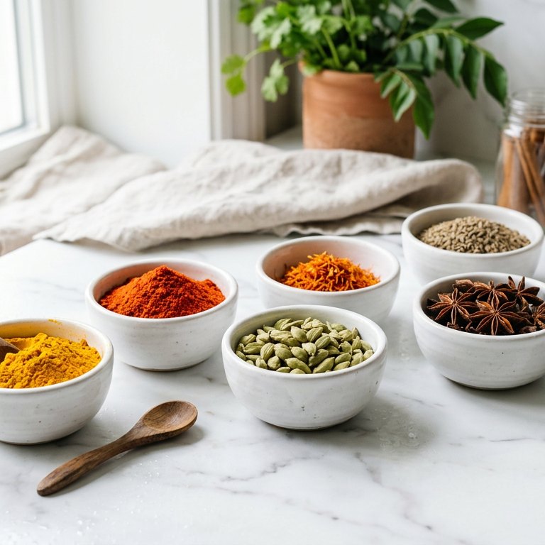 Whole spices and a masala dabba in warm kitchen light